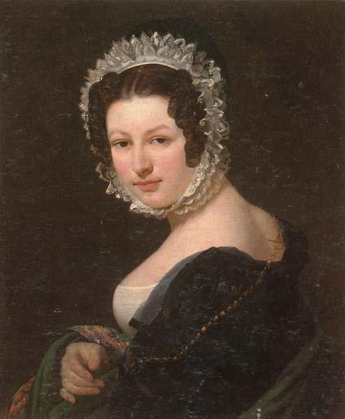 unknow artist Portrait of a young lady,half-length,wearing a black dress,with a green mantle,and a lace bonnet China oil painting art